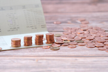 coins stacked background and advertising coins of finance and banking, increasing columns of gold coins on table