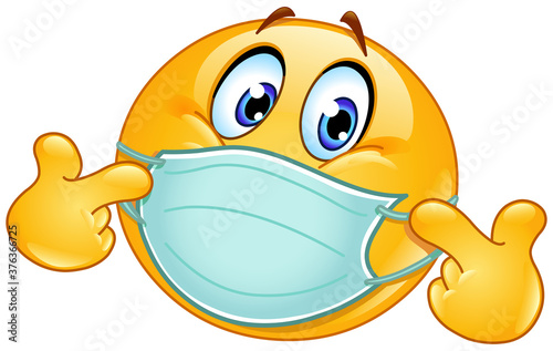 Fotomural Emoji emoticon with medical mask over mouth pointing at himself with both hands