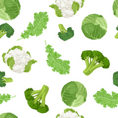 Wall Mural - Cabbage seamless pattern. Kale, cauliflower, broccoli, fresh cabbage on white background. Vector illustration of green vegetables. Cartoon flat style. 