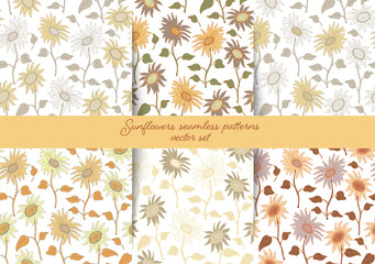 Set with 6 colors variations of vector seamless pattern. Neutral, honey colors. Nice sunflowers on long stems with leaves. Hand drawn flat style with lines on white. Great for fabrics, wrapping papers