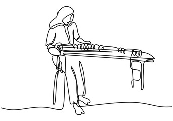 Continuous one line drawing of beauty korean girl with long hair sitting and playing gayageum traditional music instrument isolated on white background minimalism design. Vector illustration