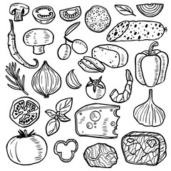 Canvas Print - Pizza Ingredients Hand Drawn Black Thin Line Icon Set. Vector