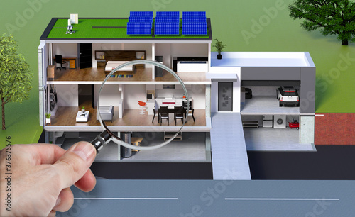 Projet De Construction Et Vue En Coupe De L Interieur D Une Belle Maison Moderne D Architecte Avec Cave Sous Sol Etage Et Garage Avec Panneaux Solaires Stock Photo Adobe Stock