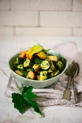 Wall Mural - Zucchini and bread warm salad.style vintage