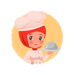 Cute female hijab chef logo. Online shop restaurant template illustration. Flat vector cartoon style isolated on white background.