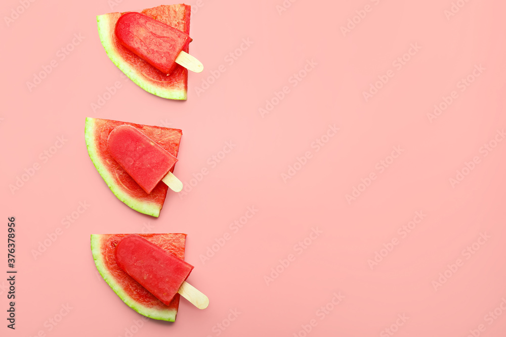 Tasty watermelon ice-cream on color background