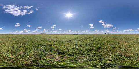 Wall Mural - full seamless spherical hdri panorama 360 degrees angle view on among fields in summer day with awesome clouds in equirectangular projection, ready for VR AR virtual reality content