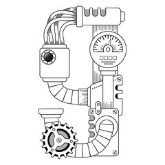 Vector coloring book for adults. Steampunk mathematical symbol nine. Mechanical number made of metal gears and various details on white background.