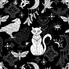 Sticker -  Seamless pattern with mystic animals - cat, crow and moth, dreamcatcher and witch magic objects. Mystic background for Halloween, esoteric, gothic and occult concept