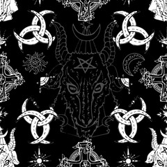 Seamless pattern with diabolic head of goat, moon, cross and magic symbols. Mystic background for Halloween, esoteric, gothic and occult concept