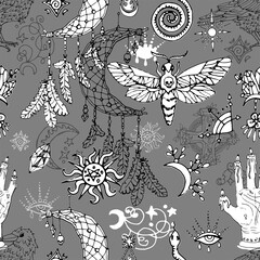 Poster - Seamless pattern with dreamcatcher, moth and astrology magic symbols.  Mystic background for Halloween, esoteric, gothic and occult concept