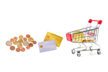 mock-up demo credit card  with shopping cart on white background.