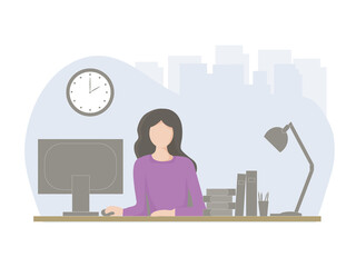 A successful beautiful woman at work. Comfortable workplace with a table, computer and necessary things for business. Vector flat design