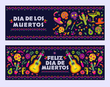Dias De Los Muertos Typography Banners Vector. Mexico Design For Fiesta Cards Or Party Invitation, Poster. Flowers Traditional Mexican Frame With Floral Letters On Dark Background.