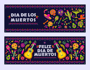 Dias de los Muertos typography banners vector. Mexico design for fiesta cards or party invitation, poster. Flowers traditional mexican frame with floral letters on dark background.