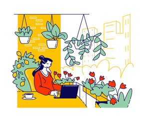 Relaxed Female Character in Comfortable Armchair Working on Laptop at House Balcony with Potted Plants or Flowers around