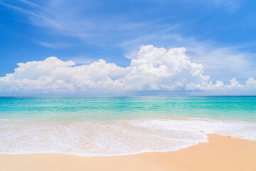 Beautiful tropical beach with blue sky and white clouds abstract texture background. Copy space of summer vacation and holiday business travel concept.