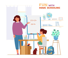 Wall Mural - Homeschooling Concept. Mother Or Tutor Teaching Girl At Home. Girl Sitting At Desk And Raises Hand. Flat Vector Illustration.