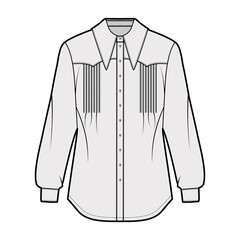 Wall Mural - Western-inspired pintucked shirt technical fashion illustration with long sleeves, front button-fastening, exaggerated point collar. Flat template front white color. Women men unisex top CAD mockup