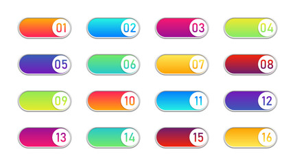Fototapete - Button with switch and number. Bullet with toggle and borders. Color icons with sliders for ui, app and web. Set of point for slide from 1 to 16. List for info in smartphone and infographic. Vector