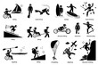 Adaptive recreational activities for handicapped or disabled people stick figure icons. Vector illustrations of extreme sports and accessible adventures for person with physical disabilities.