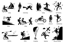 Adaptive Recreational Activities For Handicapped Or Disabled People Stick Figure Icons. Vector Illustrations Of Extreme Sports And Accessible Adventures For Person With Physical Disabilities.