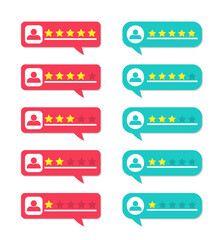 Poster - Review, rate and feedback from customers. Bubbles with stars for testimonial. Online rating for client with bad or good comment. Survey of level of satisfaction. Experience of user of hotel. Vector