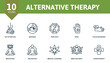 Alternative therapy icon set. Collection contain reiki, pulse, diagnosis, feng, shui, hot, stone, spa, massage, mind, body, hydrotherapy, relaxation and over icons. Alternative therapy elements set
