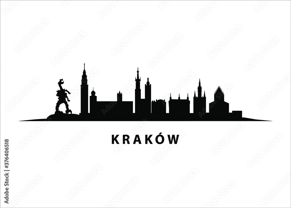 Kraków Vector Skyline Black Silhouette of City in Poland - obrazy, fototapety, plakaty 