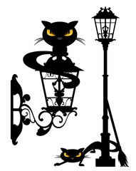 Wall Mural - evil black cat and street light - halloween theme witch pet vector design set