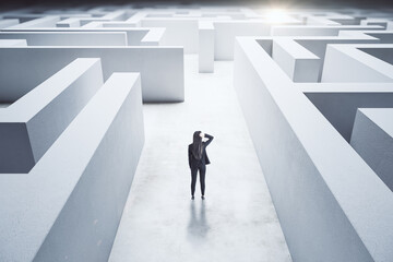 Poster - Young businesswoman in suit standing in white maze.