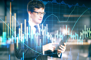 Aufkleber - Businessman using tablet and stock charts