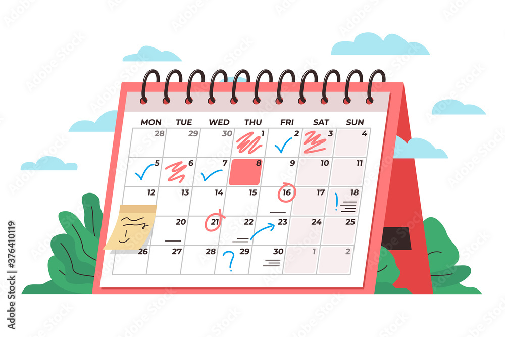 Calendar time management concept. Vector conceptual illustration of a big desk calendar showing monthly schedule with notes and check marks. Concept of time management, monthly schedule, timetable - obrazy, fototapety, plakaty 