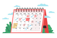 Calendar Time Management Concept. Vector Conceptual Illustration Of A Big Desk Calendar Showing Monthly Schedule With Notes And Check Marks. Concept Of Time Management, Monthly Schedule, Timetable