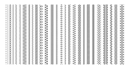 Vector sewing machine stitches. Seamless sewing seam lines pattern for fabric structure. Embroidery cloth edge texture. Stitching seams, stitched sew isolated on white background.  Fashion seam brush