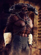 Fantasy devil with big curved horns, chains and an armor, standing in a castle dungeon. 3D render.