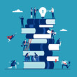 Business solution and teamwork concept. The business team is working on a large stack of books and the manager at the top holds the key to solving the business idea. Business vector illustration.