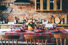 Thanksgiving Celebration Traditional Dinner.Festive Table Setting.