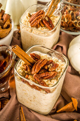 spice autumn breakfast oats recipe, homemade maple cinnamon overnight oatmeal with pecan nuts, maple