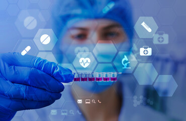 Poster - Woman in mask and gloves showing materials for testing