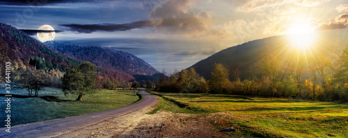 day and night time change concept above country road in valley Poster Mural XXL