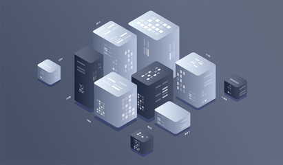 Poster - isometric digital technology web banner. big data machine learning algorithms. interacting data anal