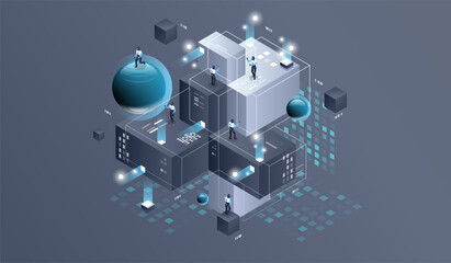 Wall Mural - Datacenter isometric vector illustration. information flow,digital science lab, data center server room isometric concept.