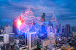 © VideoFlow - Glowing hologram of Earth planet map on aerial panoramic cityscape of Bangkok at sunset, Asia. The concept of international business. Multi Exposure.