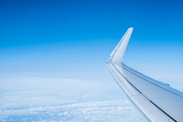 Airplane wing from window.