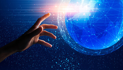 Poster - Global Connections And Network. Hand reaching world globe hologram with polygonal dots