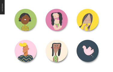 Bright characters portraits set - hand drawn flat style vector design concept illustration of diverse, male and female faces, round avatars. Flat style vector round icons set