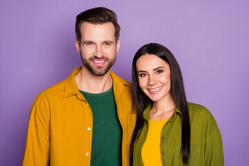Wall Mural - Photo pretty lady handsome guy couple hugging ignore social distancing good mood in love perfect pair wear casual shirts clothes isolated purple color background