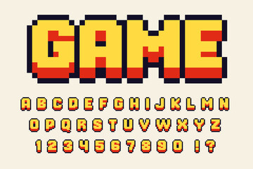 pixel 3d retro font video computer game design 8 bit letters and numbers vector alphabet