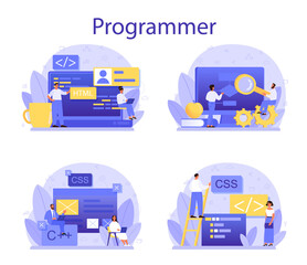 programming concept set. idea of working on the computer, coding,